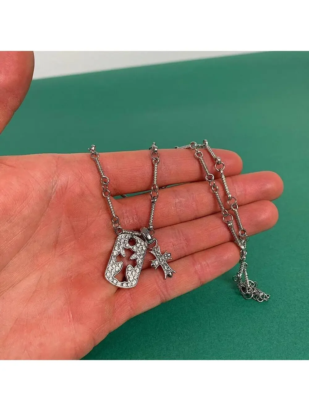 silver cross rhinestone dog tag pendant Necklace. Stainless steel Rhinestone